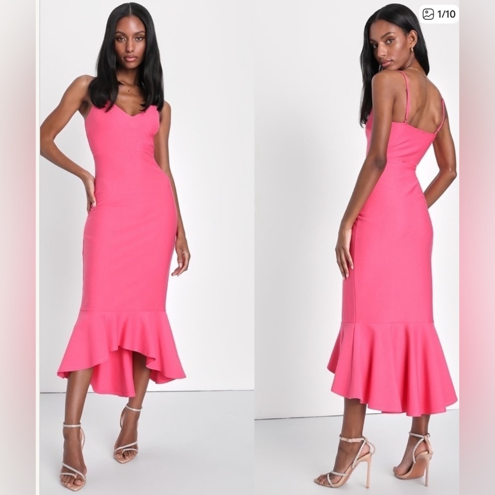 Lulu's Vibrant Pink Midi Dress with Ruffled Hem
